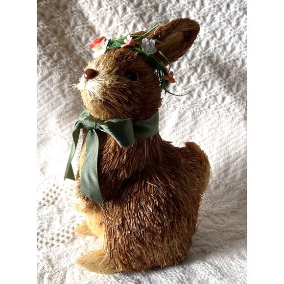 Pier 1 Adorable Straw Bunny With Green Ribbon Bow & Floral Crown Spring - Picture 5 of 7